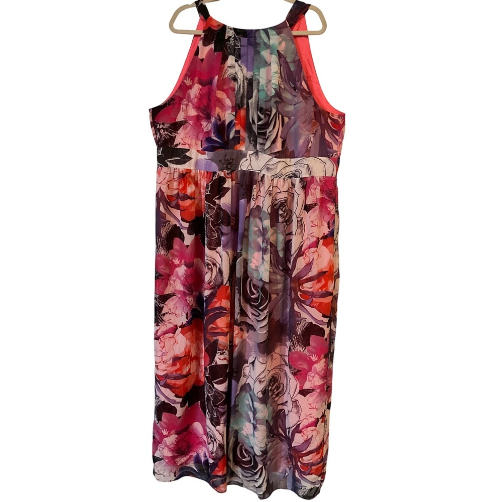 Eliza J Womens 22W Floral Halter Maxi Dress Pink Purple Pleated Chiffon Gown